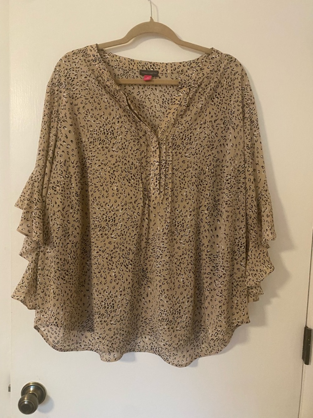 Vince Camuto Beige Leopard Print Ruffle Sleeve Tunic